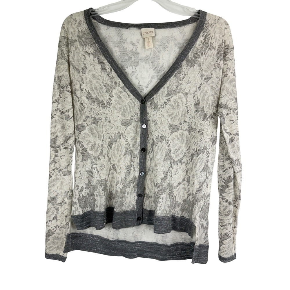 Chicos Lace Overlay Cardigan Sweater‎ Gray Metallic Trim V Neck Button Front